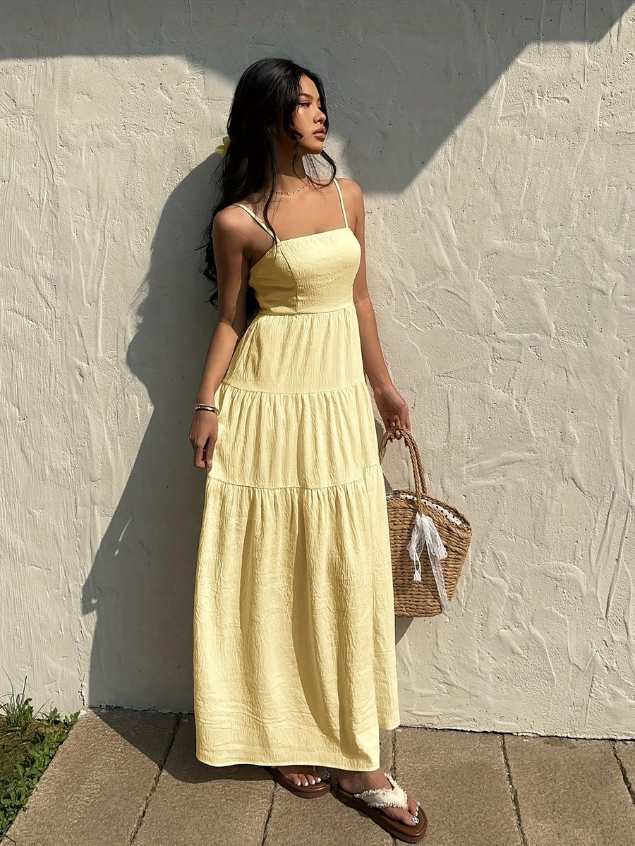 Textured Fabric, Ruched Elastic Waist, Sleeveless Dress, Loose-fitting Effect, Vacation Style - Bright Yellow