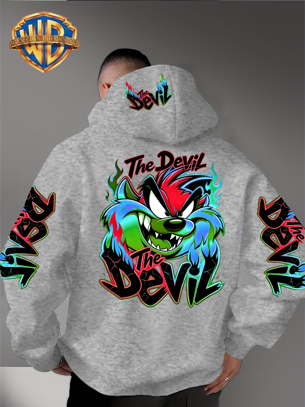 Le Yitong Flame Style Color-Block Graffiti Big Mouth Monster The Devil Print Hoodie, with Sleeve Print Design, Kangaroo Pouch And Drawstring Hood, Suitable for Autumn/Winter Casual Wear And Outdoor Activities - Grey