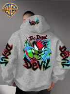Le Yitong Flame Style Color-Block Graffiti Big Mouth Monster The Devil Print Hoodie, with Sleeve Print Design, Kangaroo Pouch And Drawstring Hood, Suitable for Autumn/Winter Casual Wear And Outdoor Activities - Grey
