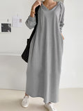 Plus Size, Body Table Women's Casual Shirt, Plus Size Solid Color Long Sleeve Drawstring Hooded Dress - Grey