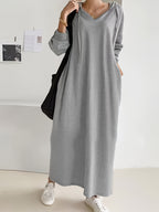Plus Size, Body Table Women's Casual Shirt, Plus Size Solid Color Long Sleeve Drawstring Hooded Dress - Grey