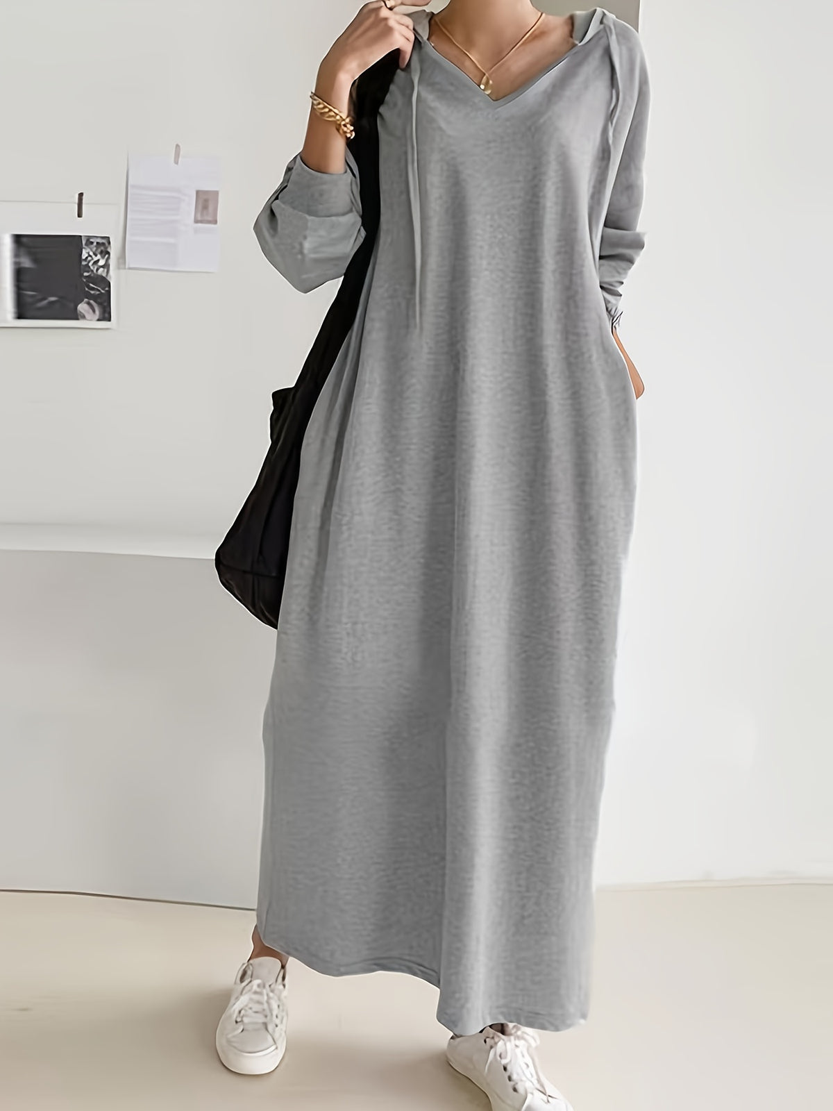 Plus Size, Body Table Women's Casual Shirt, Plus Size Solid Color Long Sleeve Drawstring Hooded Dress - Grey
