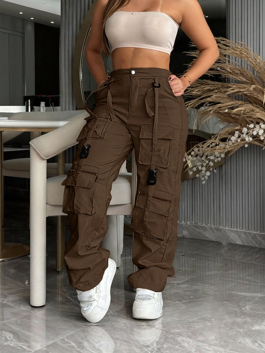 Multi-Pocket Cargo Pants, Retro Straight Wide-Leg Casual Trousers, Fashionable Trendy for Outings And Home - Dark Brown