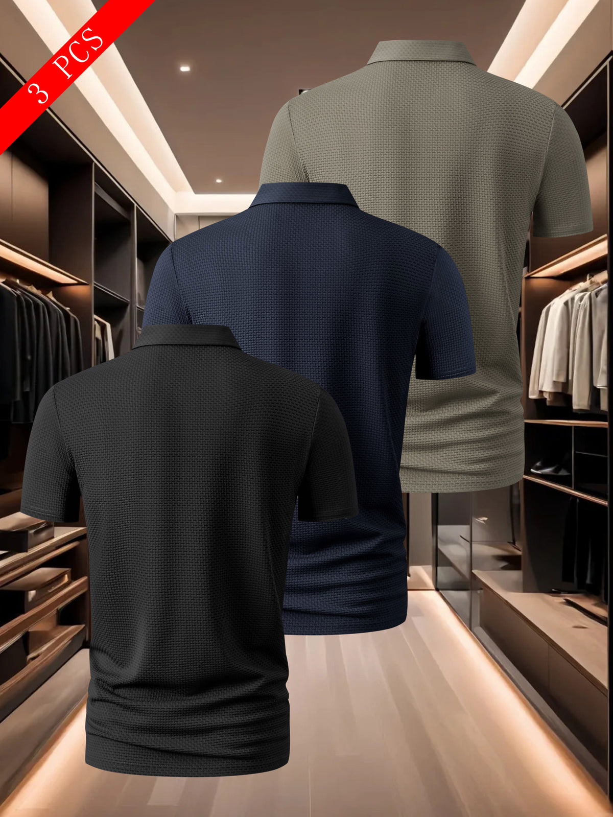 3pcs Men's Classic Polo Shirt Set, Casual and Comfortable Stretch Lapel Button- Short-sleeve Shirt, Suitable for Outdoor Sports and Leisure, Made of Breathable, Comfortable, and Elastic Fabric - Black + Navy + Khaki