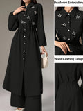 [2pcs Set] Elegant Temperament Solid Color Top And Bottom Set, Rhinestone Long Shirt Cardigan And Solid Elastic Waist Loose Straight Long Pants, Waist-Cinching Temperament Set, Suitable for Business Casual, Workwear, Daily Wear - Black