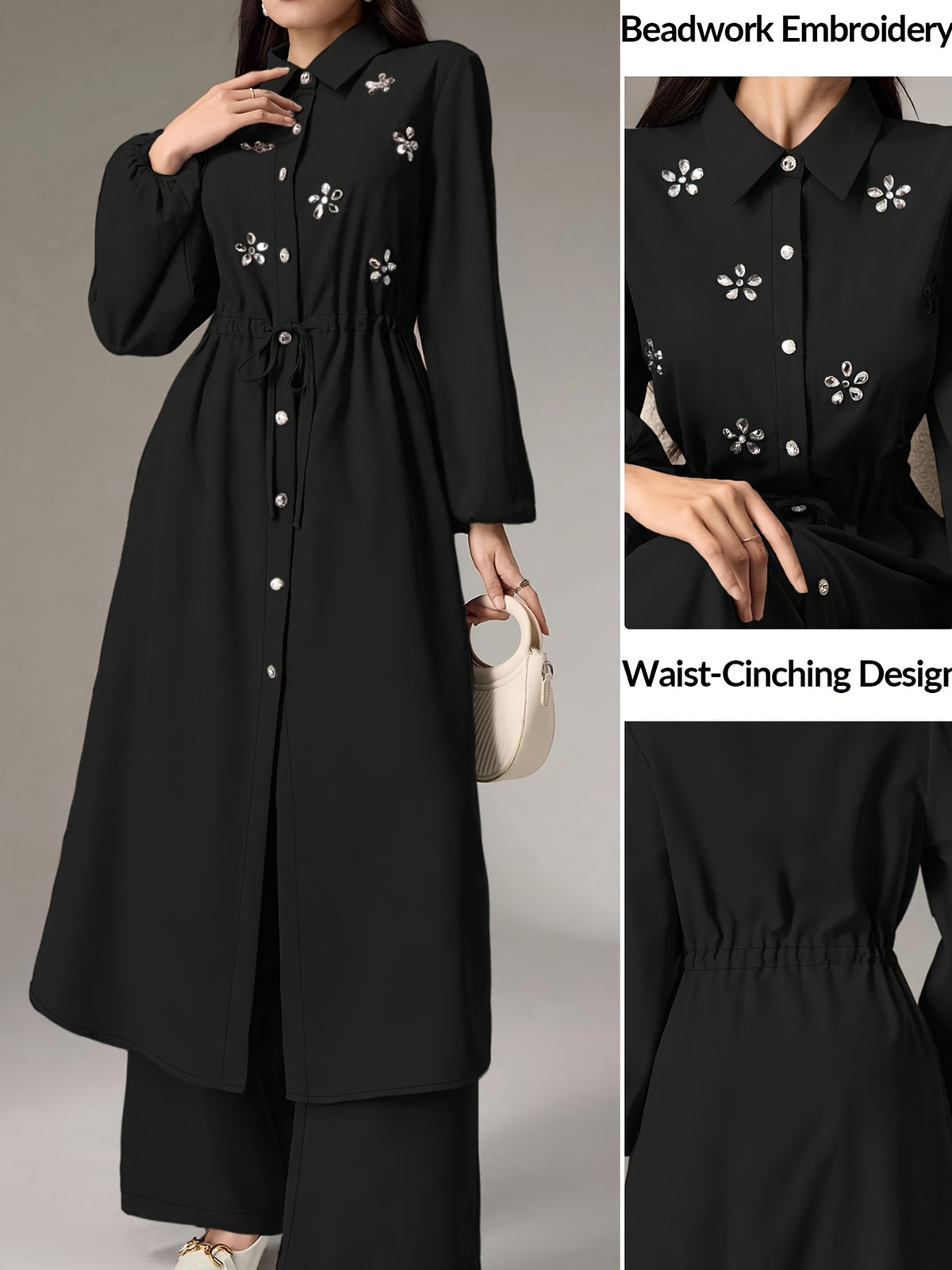 [2pcs Set] Elegant Temperament Solid Color Top And Bottom Set, Rhinestone Long Shirt Cardigan And Solid Elastic Waist Loose Straight Long Pants, Waist-Cinching Temperament Set, Suitable for Business Casual, Workwear, Daily Wear - Black