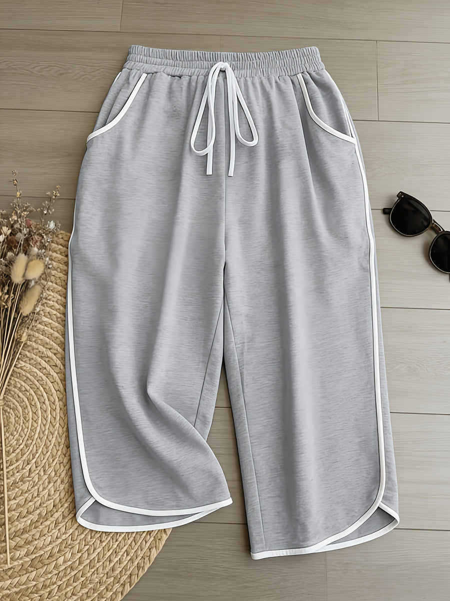 Women'S Pants, Easy Lazy Style American Retro Capri Pants, Elastic Waist Drawstring Design, Loose Contrast Trim Capri Pants, Comfortable Home Casual Trousers - Light Grey