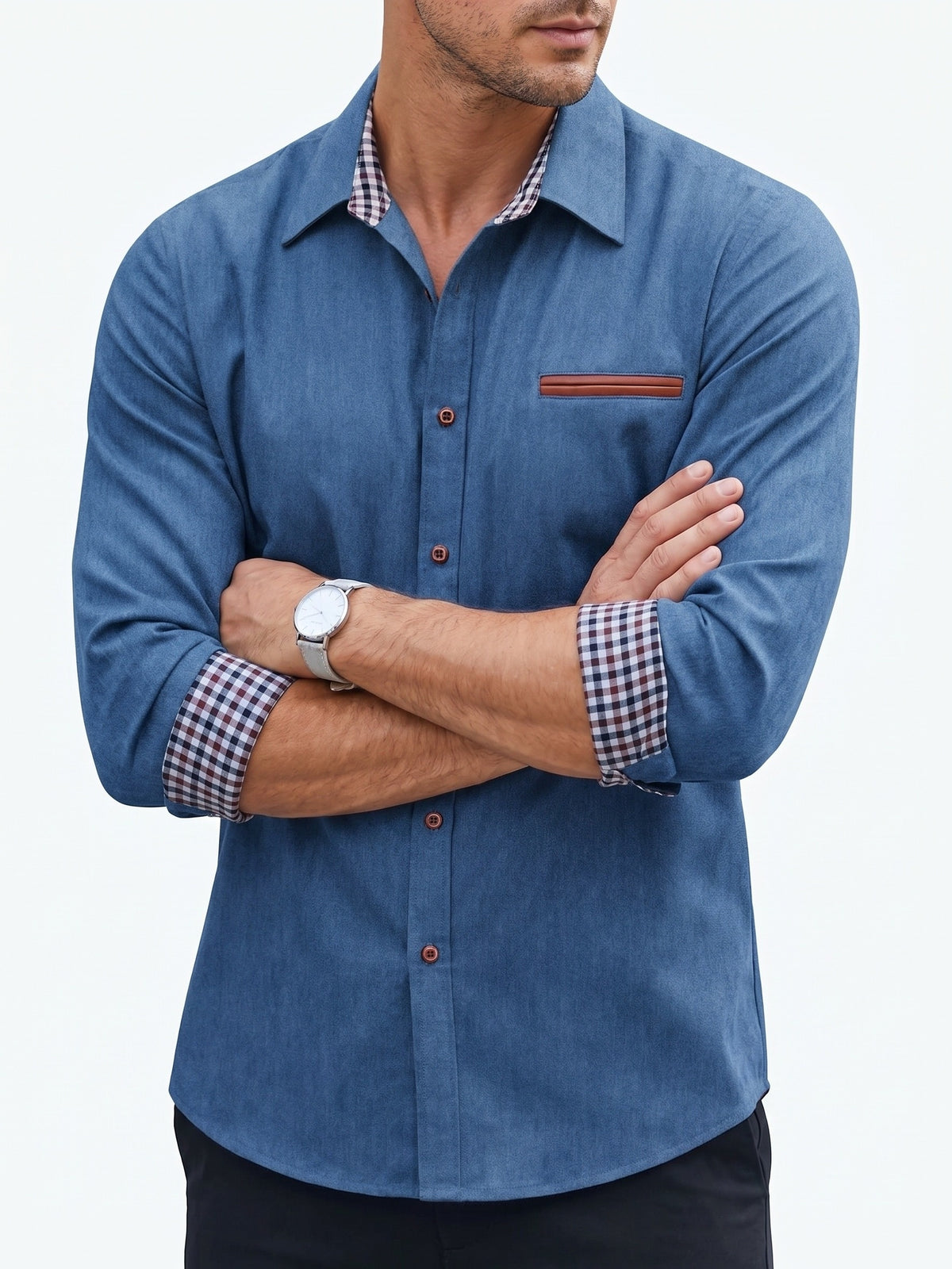 Men's Blue Denim Long Sleeve Shirt, Breathable Button Shirt with Turn- Collar and Faux Chest Pocket, Loose Fit Casual Urban Streetwear Shirt for Daily Commute - Dark Blue 1