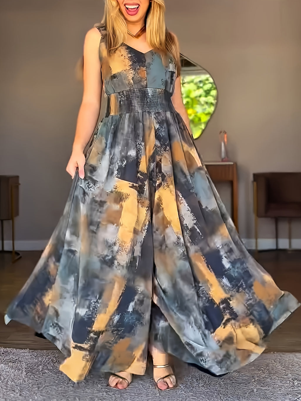Cherry Latin American Women's Printed V-Neck Spaghetti Strap High-Waist Backless Jumpsuit, Casual Ruched Waist Cinched Wide-Leg Jumpsuit - Mixed colors