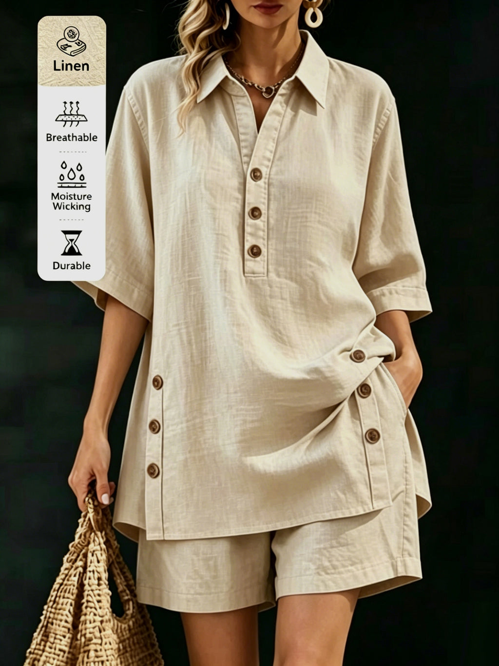 WY260406061) Women's Comfortable Loose-Fit Button-Up Shirt and Shorts Linen 2pcs Set - Apricot