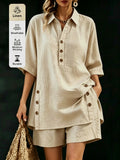 WY260406061) Women's Comfortable Loose-Fit Button-Up Shirt and Shorts Linen 2pcs Set - Apricot