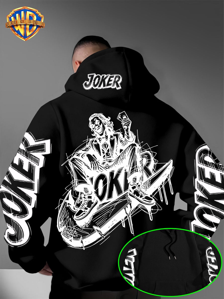 Authorized by Warner Bros., Joker Graffiti Style Print, Hat Design Pattern, Multi-Functional Street Style Men'S Hoodie, Comfortable Casual, Suitable for Autumn And Winter - Black