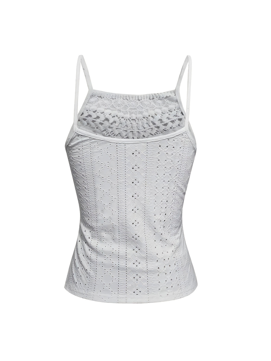 Women's Summer Solid Color Lace Camisole with Cut-Out Design, Sexy and Delicate, for Streetwear and Dates, and Versatile, Pure Desire Style Trending Outfit - White