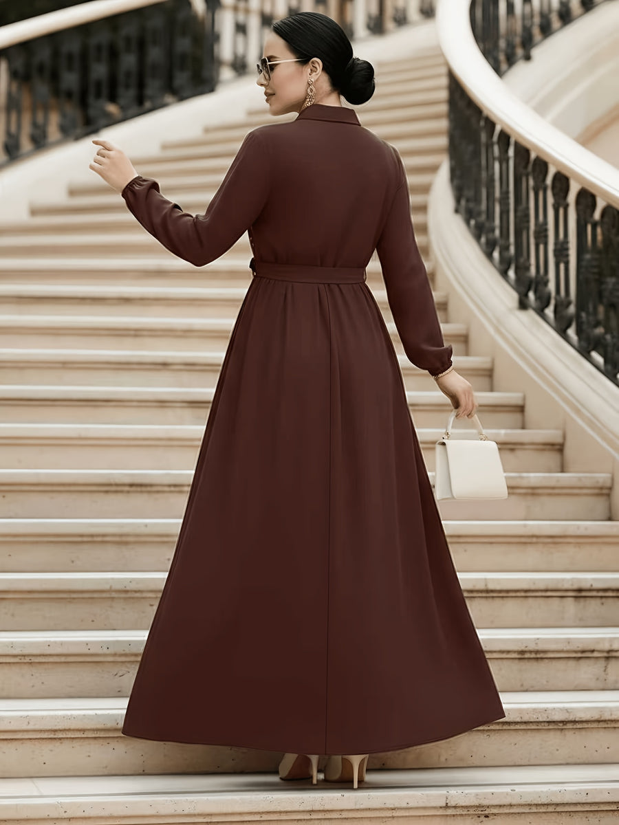 Middle Eastern Muslim Turkish Women's Elegant Solid Color Lapel Embroidered Tie-Up A-Line Abaya Gown - Coffee Color