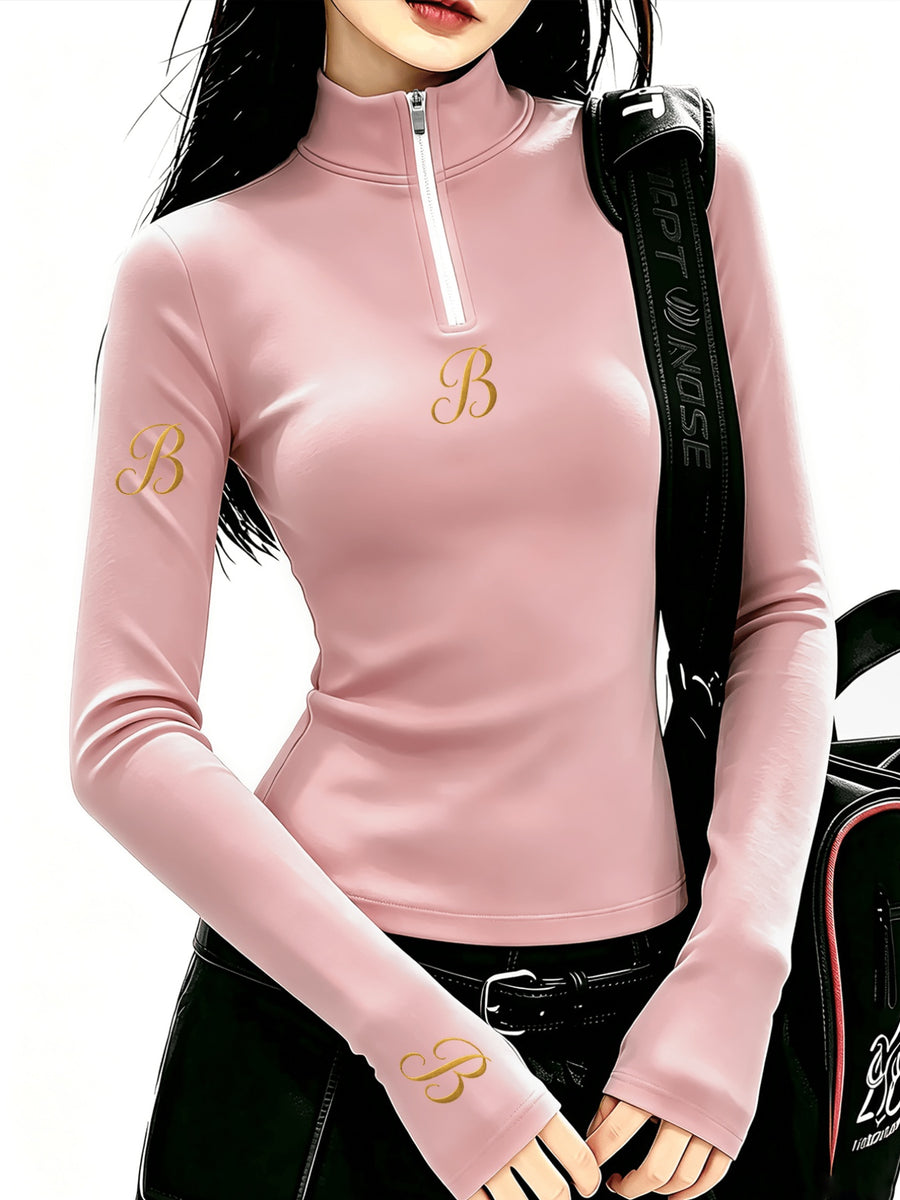 Women'S Solid Color Half-Zipper Long Sleeve Top, Waist-Cinching Warm T-Shirt - pink