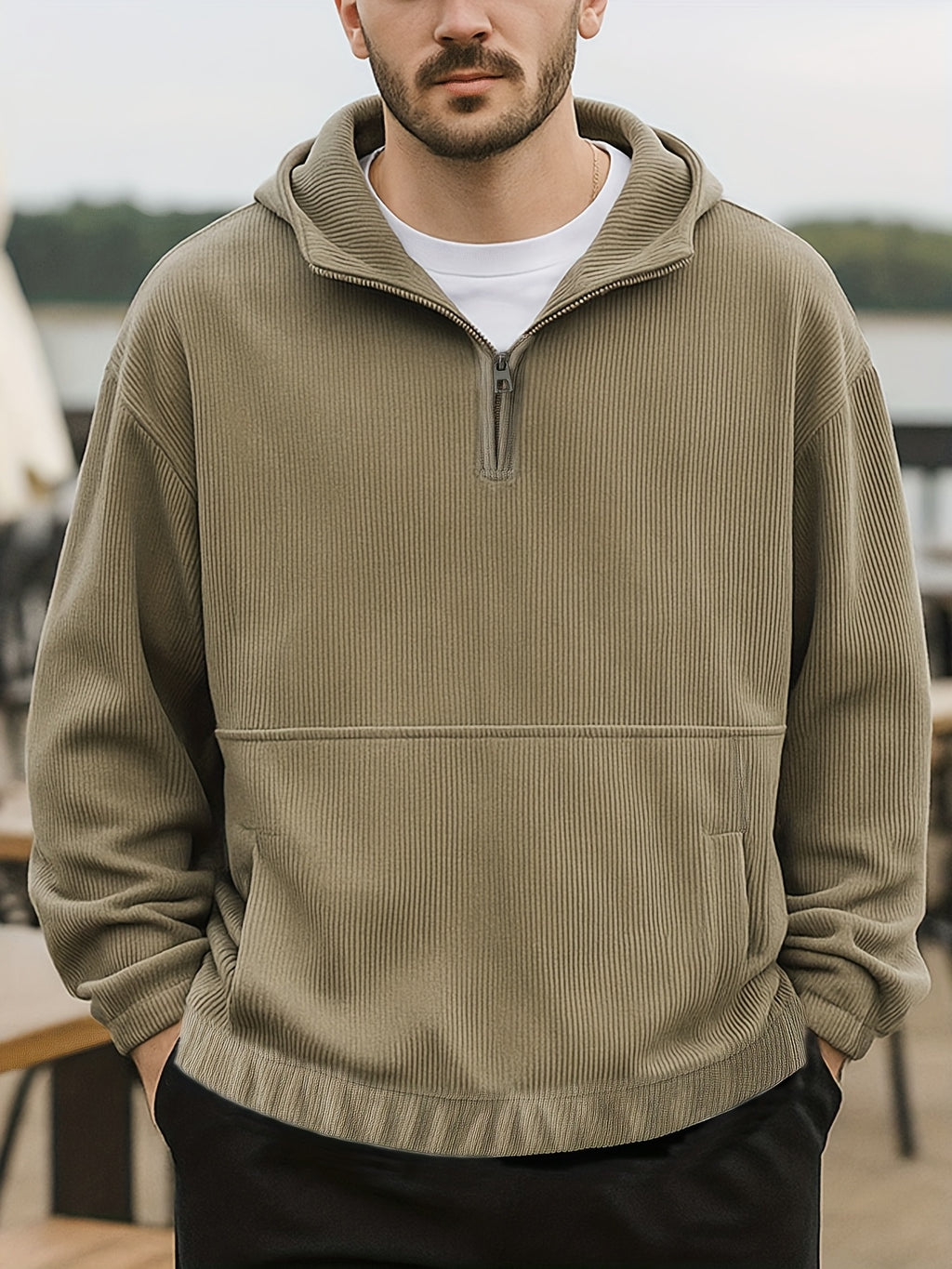 Autumn and Winter Fashion Corduroy Hooded Sweatshirt, Men's Loose Half-Zip Pullover Hoodie - Gray Green