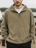 Autumn and Winter Fashion Corduroy Hooded Sweatshirt, Men's Loose Half-Zip Pullover Hoodie - Gray Green