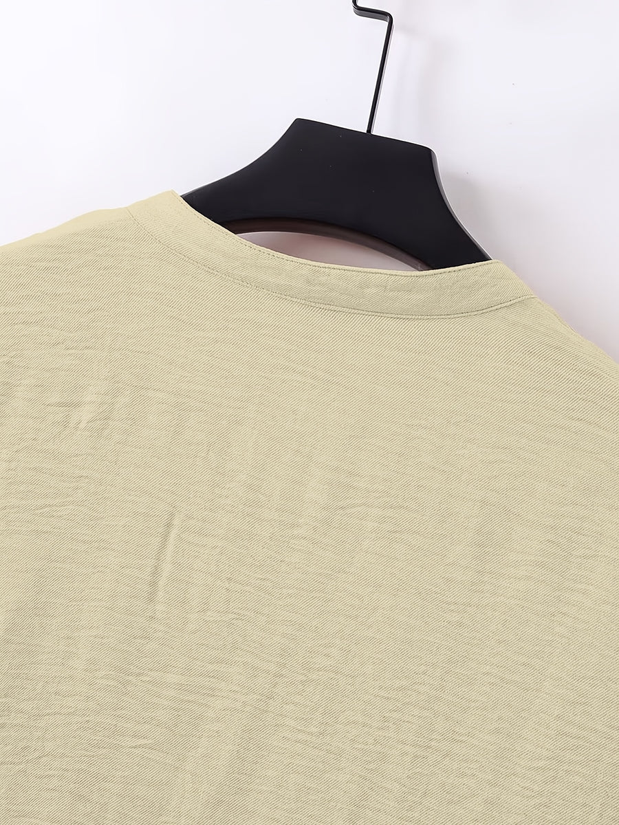 Men's Stand-Up V-Neck Half-Open Placket Linen Long-Sleeve Shirt, Solid Color Basic Style, Suitable for Beach Vacations, Daily Outings, and Casual Gatherings, Can Be Worn Alone or as an Inner Shirt - Khaki
