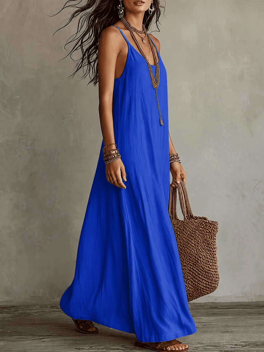 Women'S Spaghetti Strap Maxi Dress, V-Neck Loose Flowing Long Dress, Bohemian Casual Beach Vacation Summer Beach Dress - Royal Blue