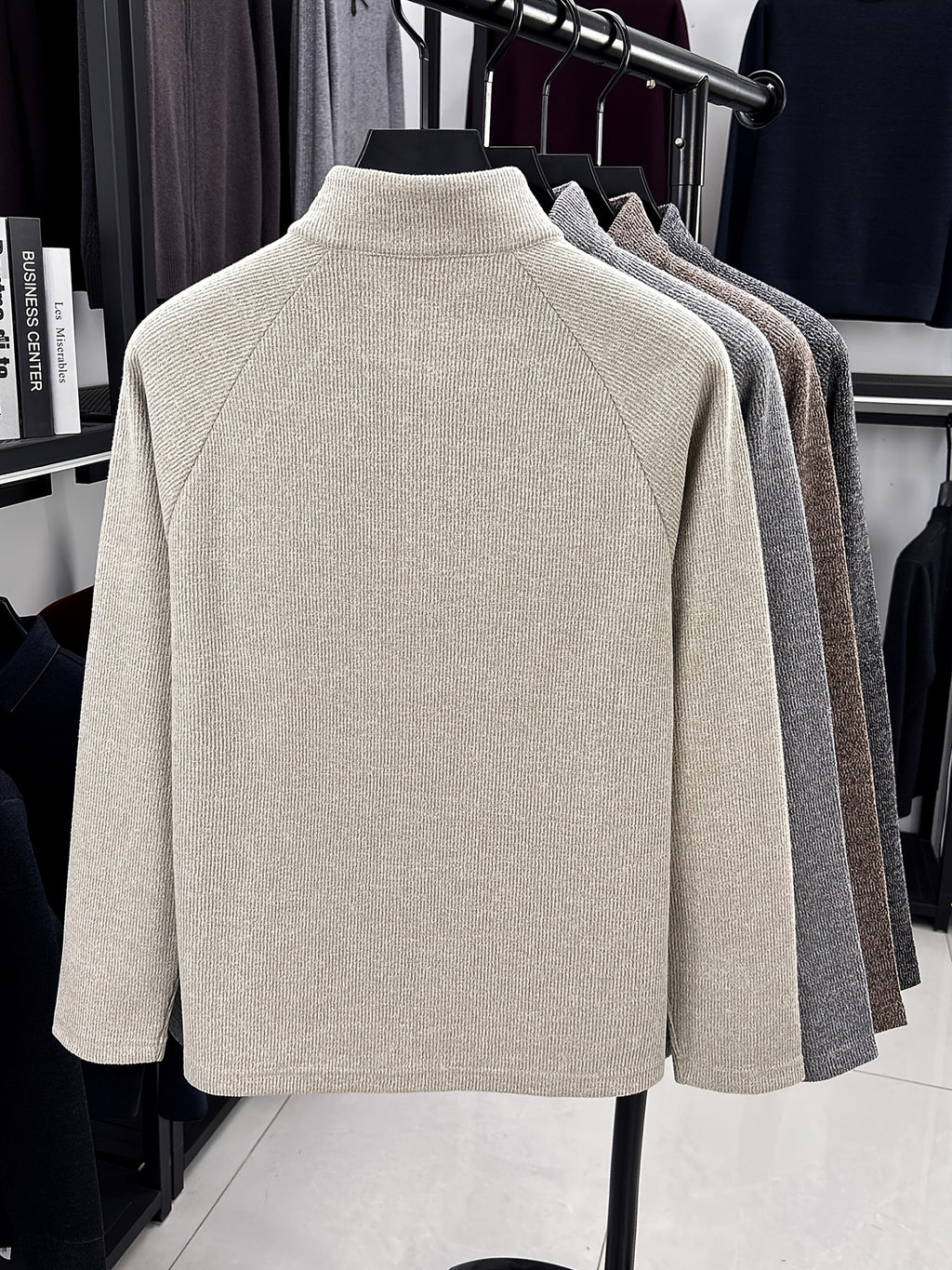 1pc Du Jing Lan OBM Men's Half-Zip Sweater - Solid Color Ribbed Knit Pullover with Stand Collar, Half-Zip Front Suitable for Layering, Business Casual & Outdoor Wear, Long Sleeve for Golf, Basketball, Daily Layering ( Autumn/Winter New Arrival) - Beige Apricot