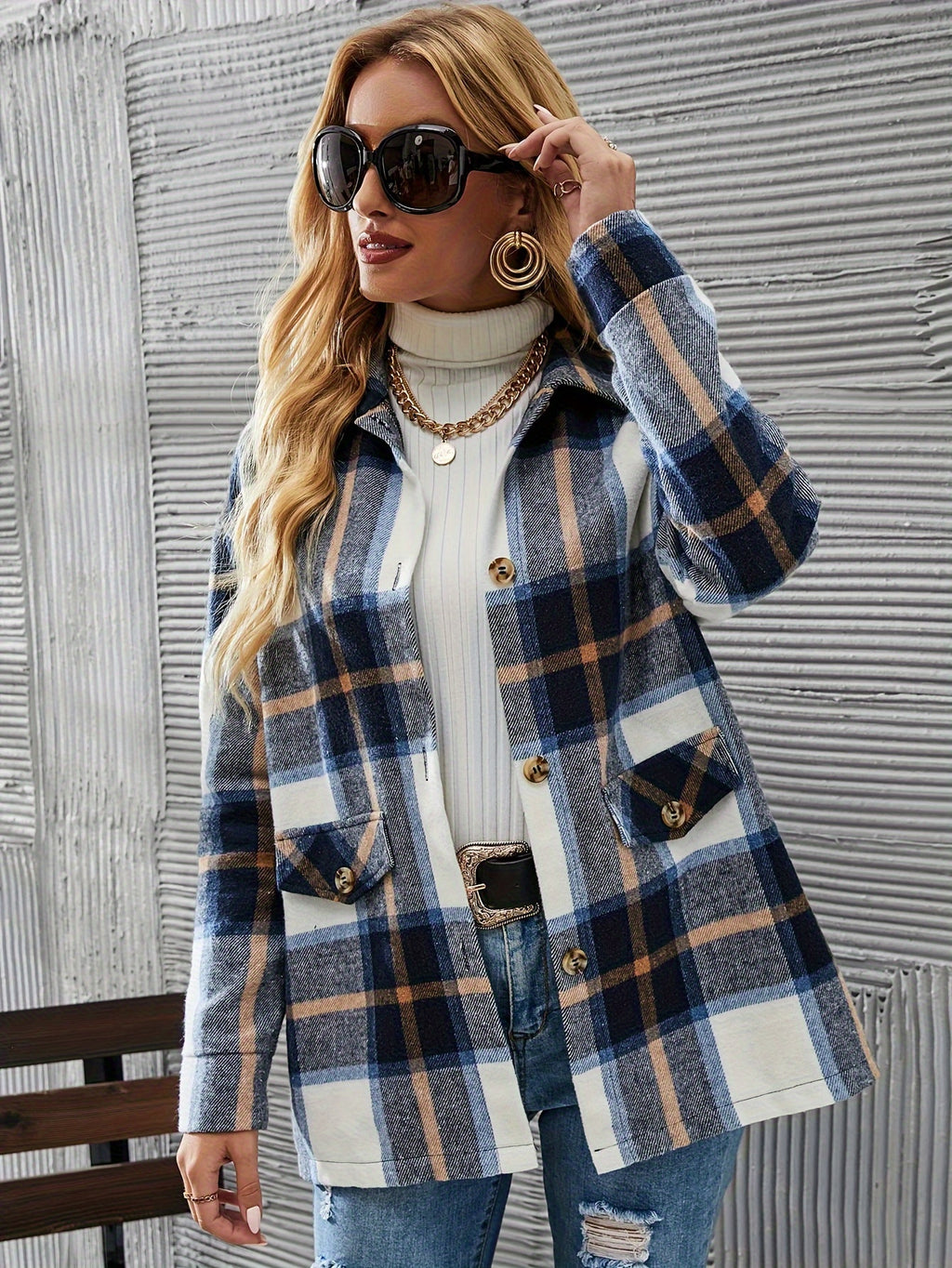 Gavin Oriented Autumn And Winter New Fashion Thick Women'S Shirt Jacket Loose Retro Fashion Button Warm Plaid Drop Shoulder Coat - Blue