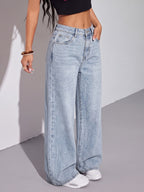 Women'S Light Blue High Waist Ripped Wide Leg Jeans Washed Straight Loose Casual Long Pants - Light Blue