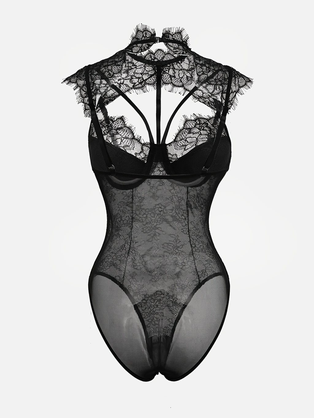 Sexy Crew Neck Hollow Out Lace Eyelash Bodysuit for Women - Black