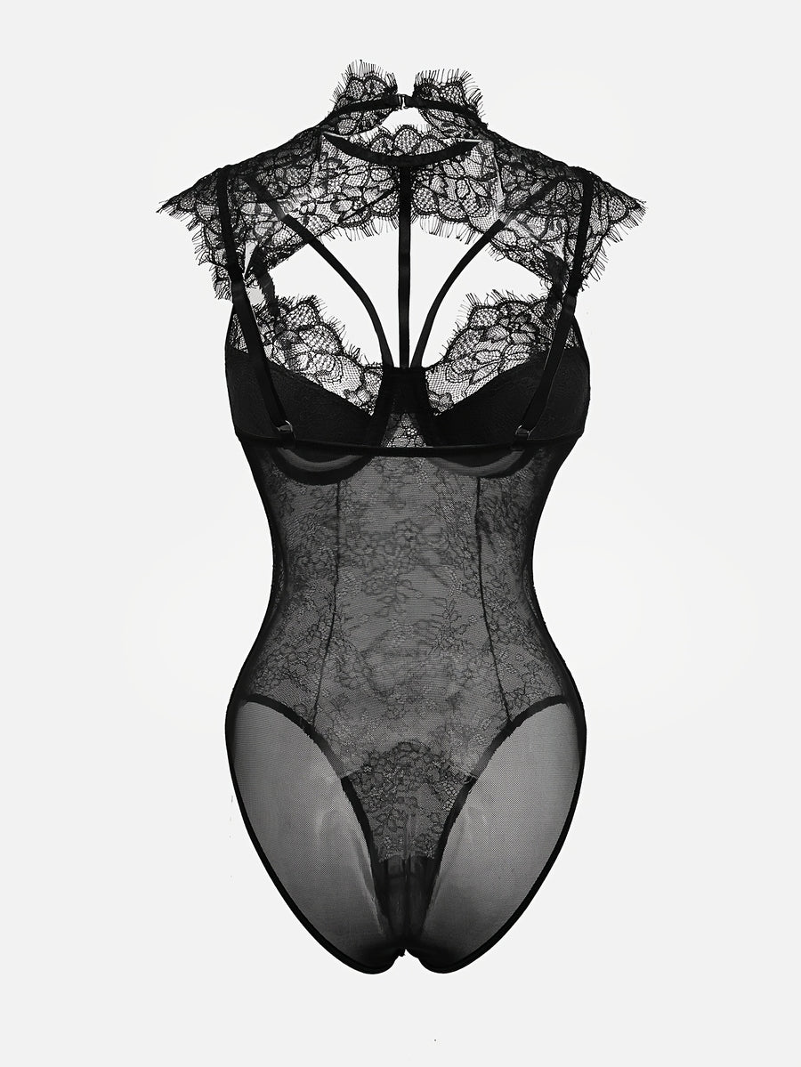 Sexy Crew Neck Hollow Out Lace Eyelash Bodysuit for Women - Black