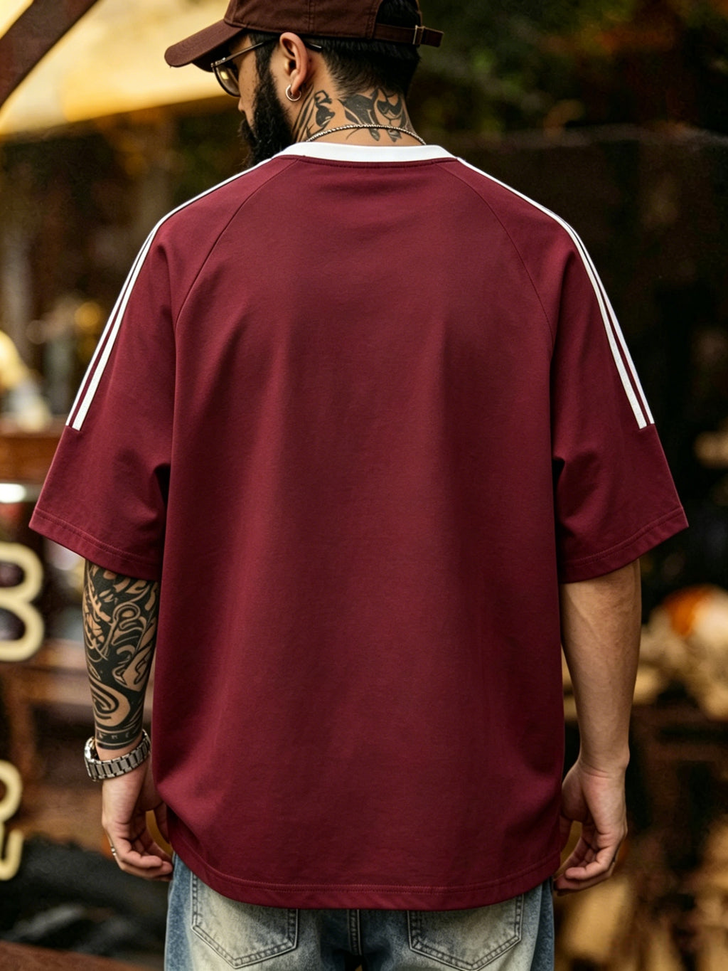 Summer Men'S Striped Street Style T-Shirt Casual Hip-Hop Round Neck Men'S Retro with Print Color-Block Collar Top Athletic Striped Short Sleeve - Burgundy