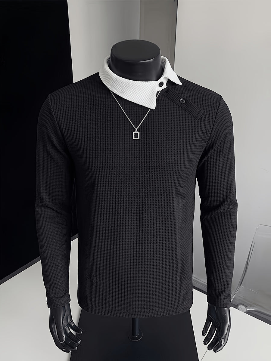 Men's Side-Button Collar Irregular Lapel Knit Long-Sleeve T-Shirt, Contrast-Color Lapel, Slim Fit, High-End Light Business Casual Top - Black