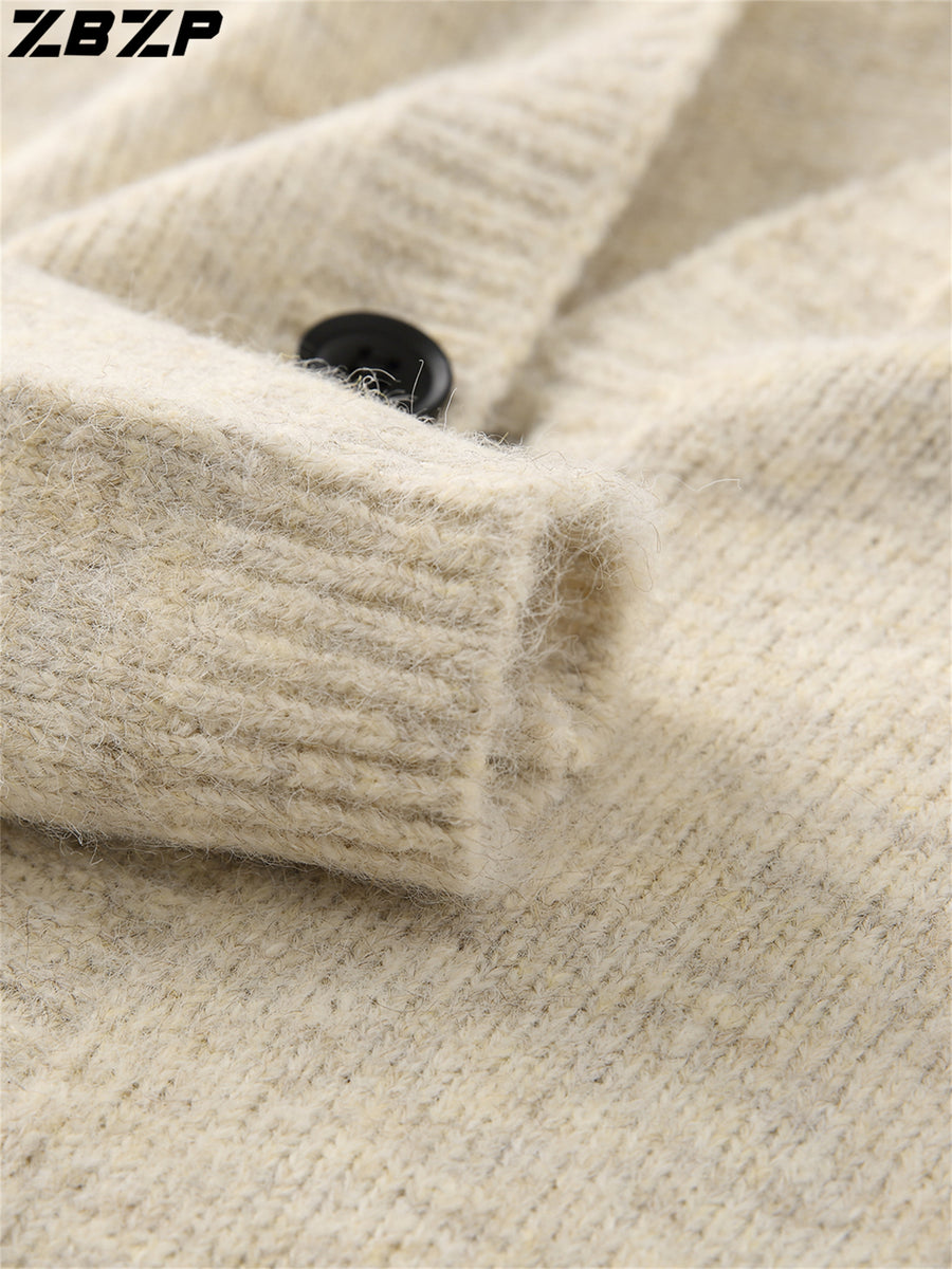 ZBZP Autumn/Winter Knitted 3D Solid Color Hooded Sweater, Basic Knit Cardigan, Men's Fashion Knitted Long-Sleeve Outerwear DM - Light Grey