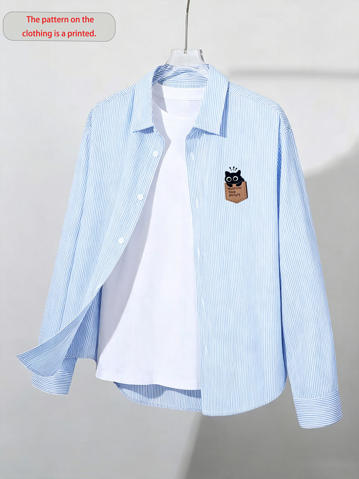 Fun and Fashionable Trendy Men's Spring/autumn New Cartoon Healing Print Long-sleeve Slim-stripe Casual Outerwear Shirt - Sky Blue