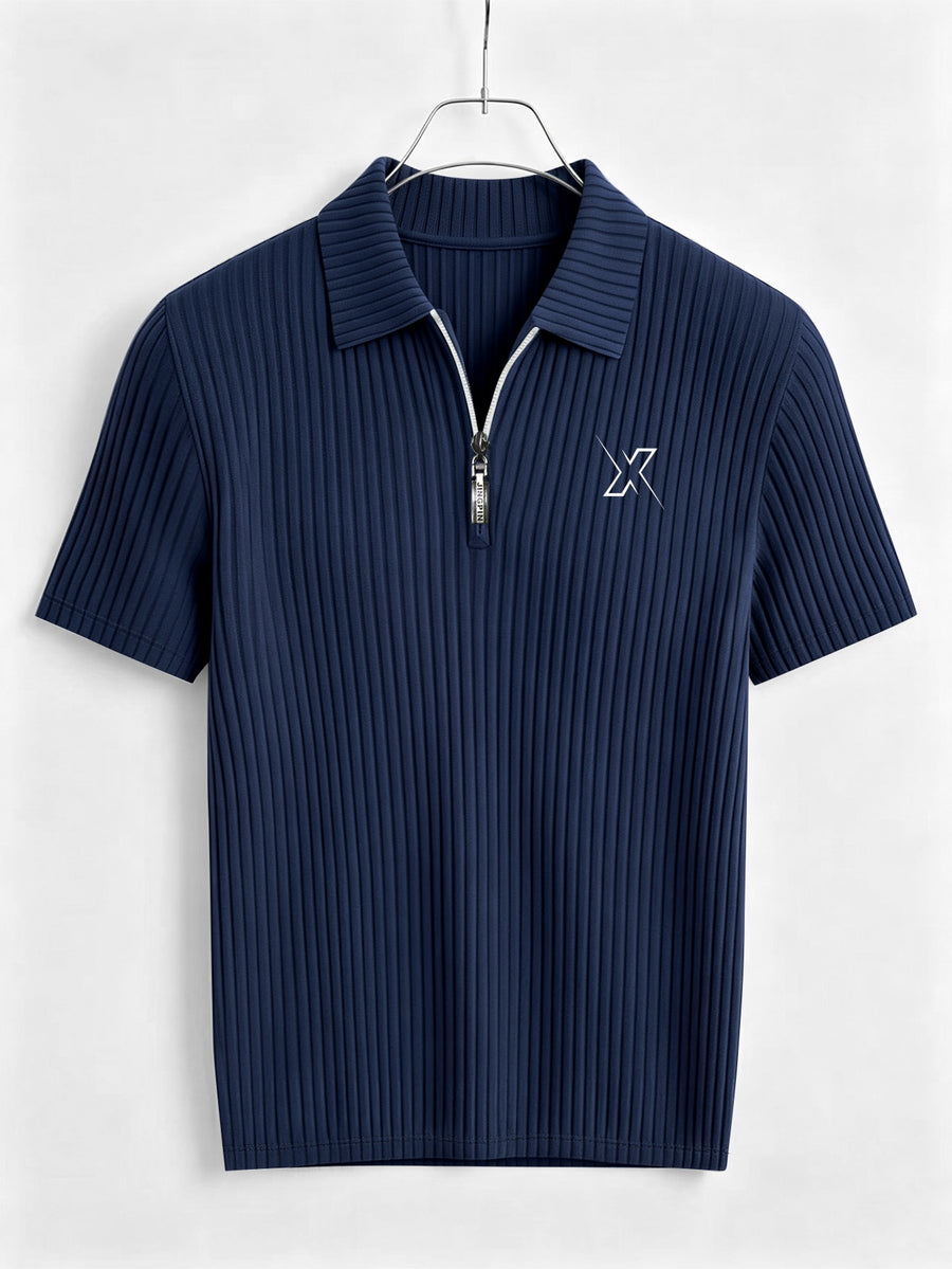 Men's Summer Casual Half-Zip Lapel Outdoor Sports Printed Short-Sleeve Polo Shirt - Navy Color