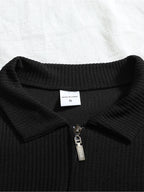 Autumn Men'S Ribbed Long Sleeve Polo Shirt Print Half-Zip Stand Collar Slim Fit Breathable T-Shirt - Black