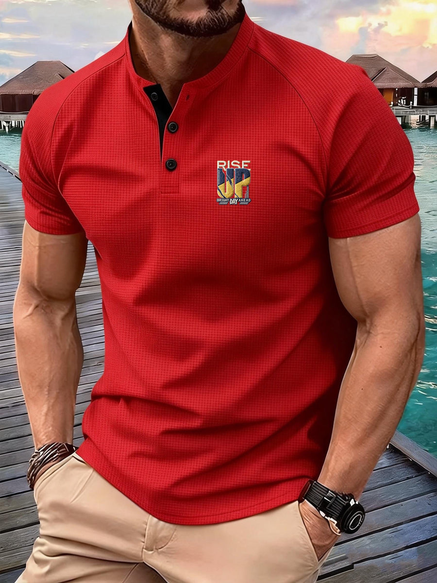 Men'S Fashion Men'S Tops Spring Summer Outdoor Casual Waffle Short Sleeve Men'S Henley Shirt - Red