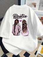 Bestie, Best Friends Print Tshirt Short Sleeve Crew Neck Casual Top for Summer Spring, Women's Clothing - White