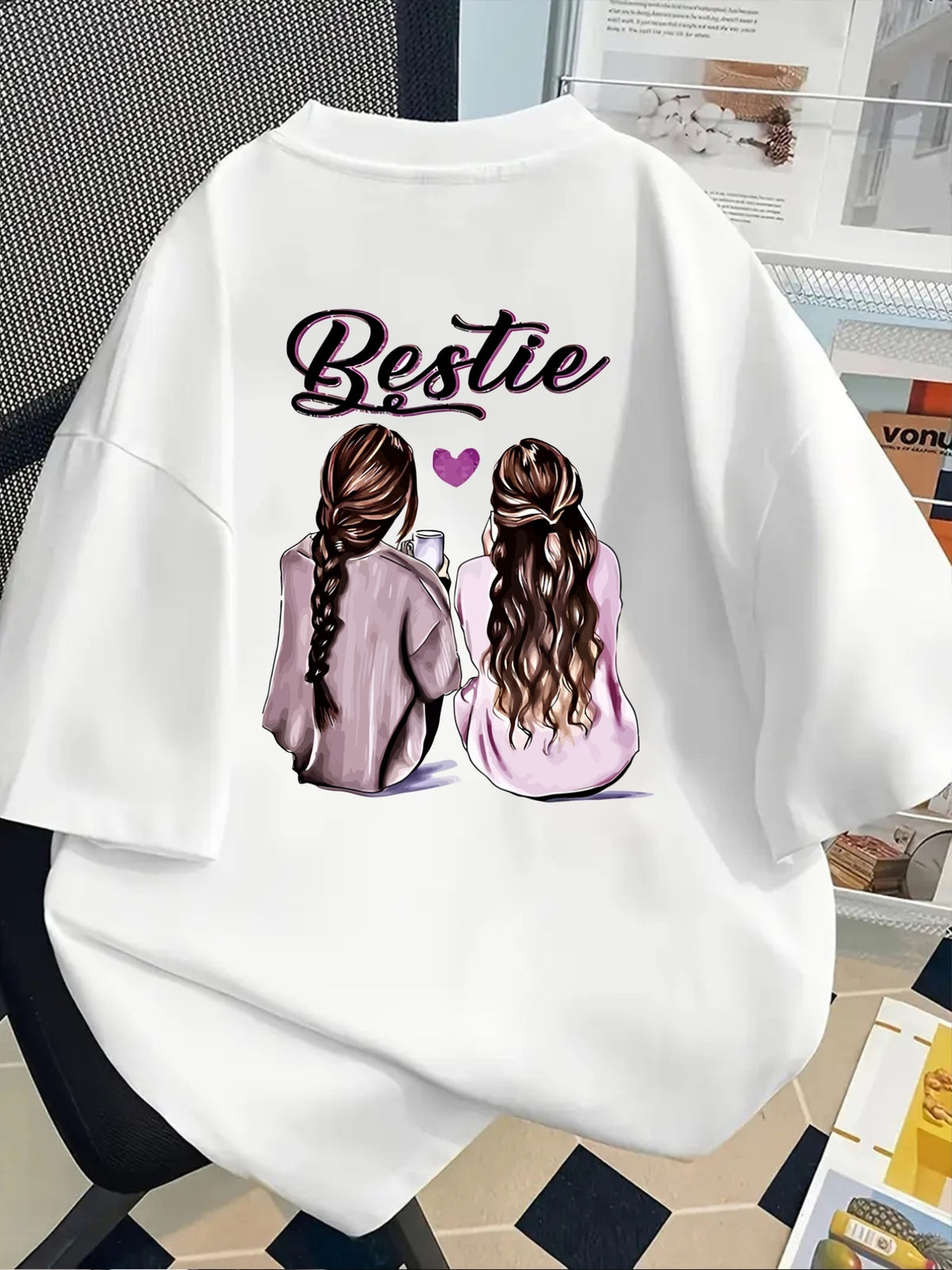 Bestie, Best Friends Print Tshirt Short Sleeve Crew Neck Casual Top for Summer Spring, Women's Clothing - White