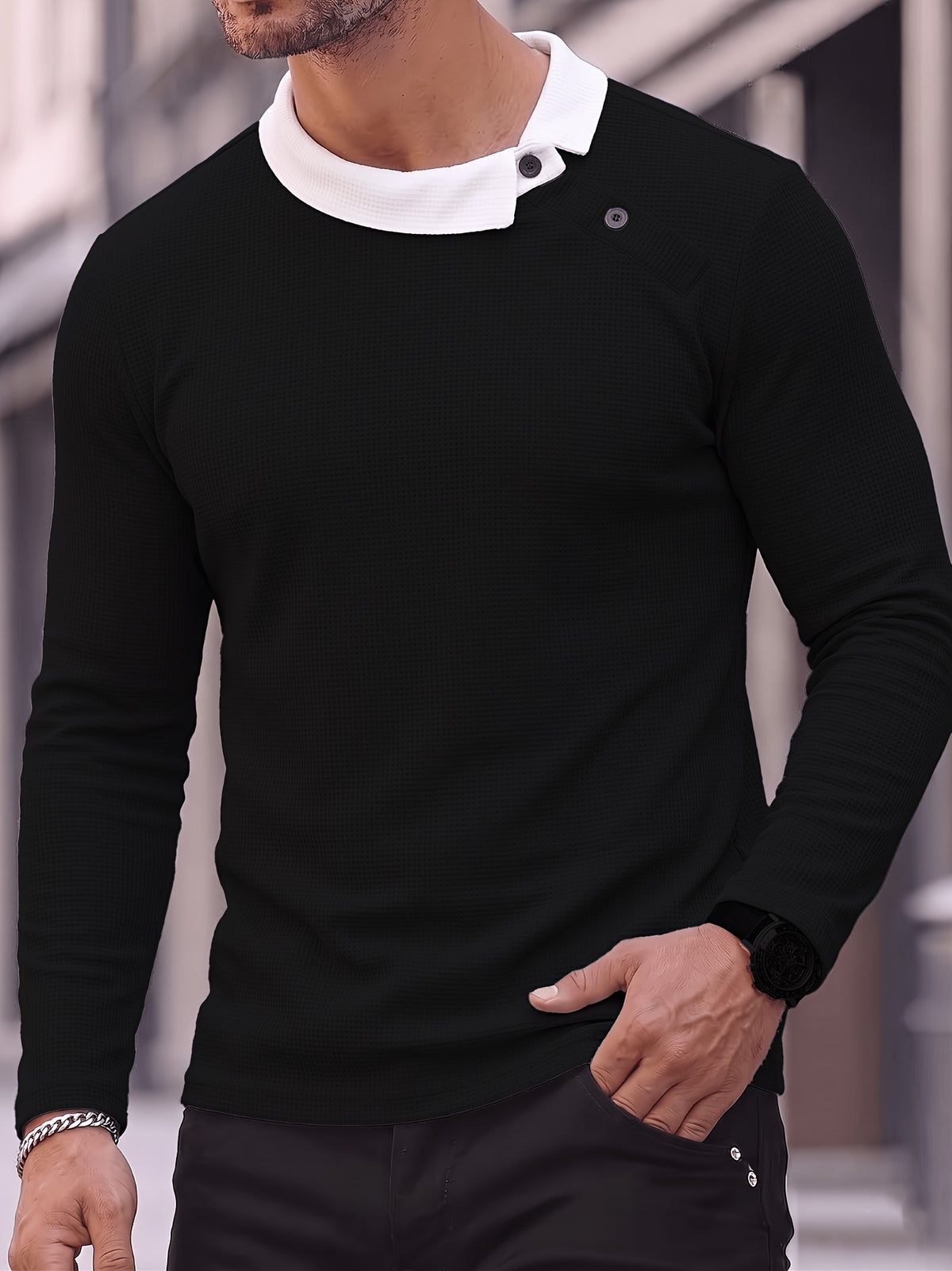 Men's Color-Block Diagonal Button Lapel Waffle Knit Long-Sleeve Polo Shirt, Spring/Autumn Waffle Knit Breathable Lightweight Business Casual Versatile Base Layer Top - Black