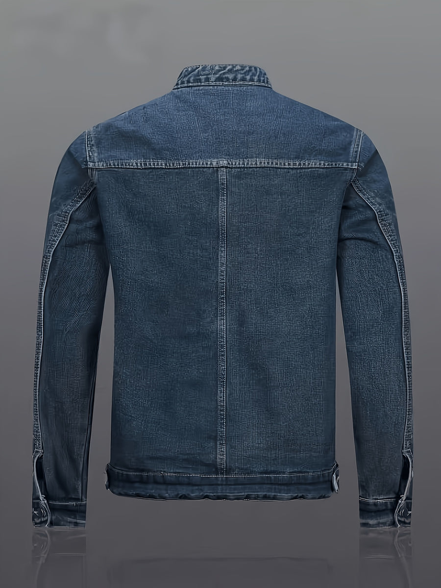 Men's Lightweight Denim Jacket Motorcycle Jacket Full Cut Zipper Front - Navy Color