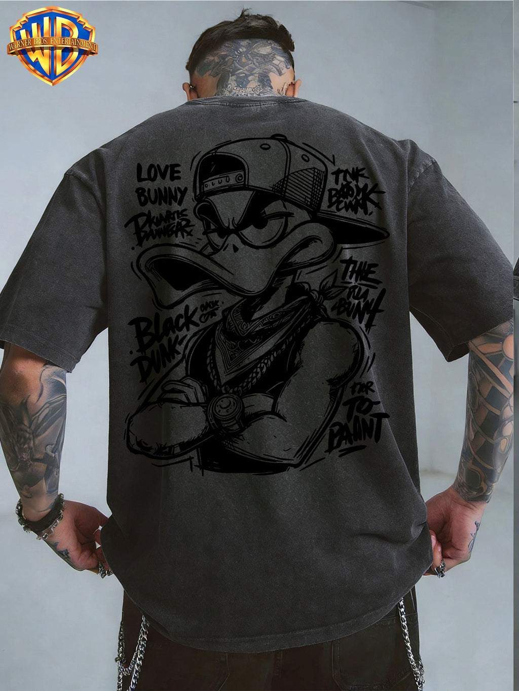Warner Bros. Official License Hand-Drawn Sketch Print, Street Graffiti Style, American Retro Washed Distressed T-Shirt, Suitable for Daily Commute And Outdoor Wear, Machine Washable, Unisex - Black