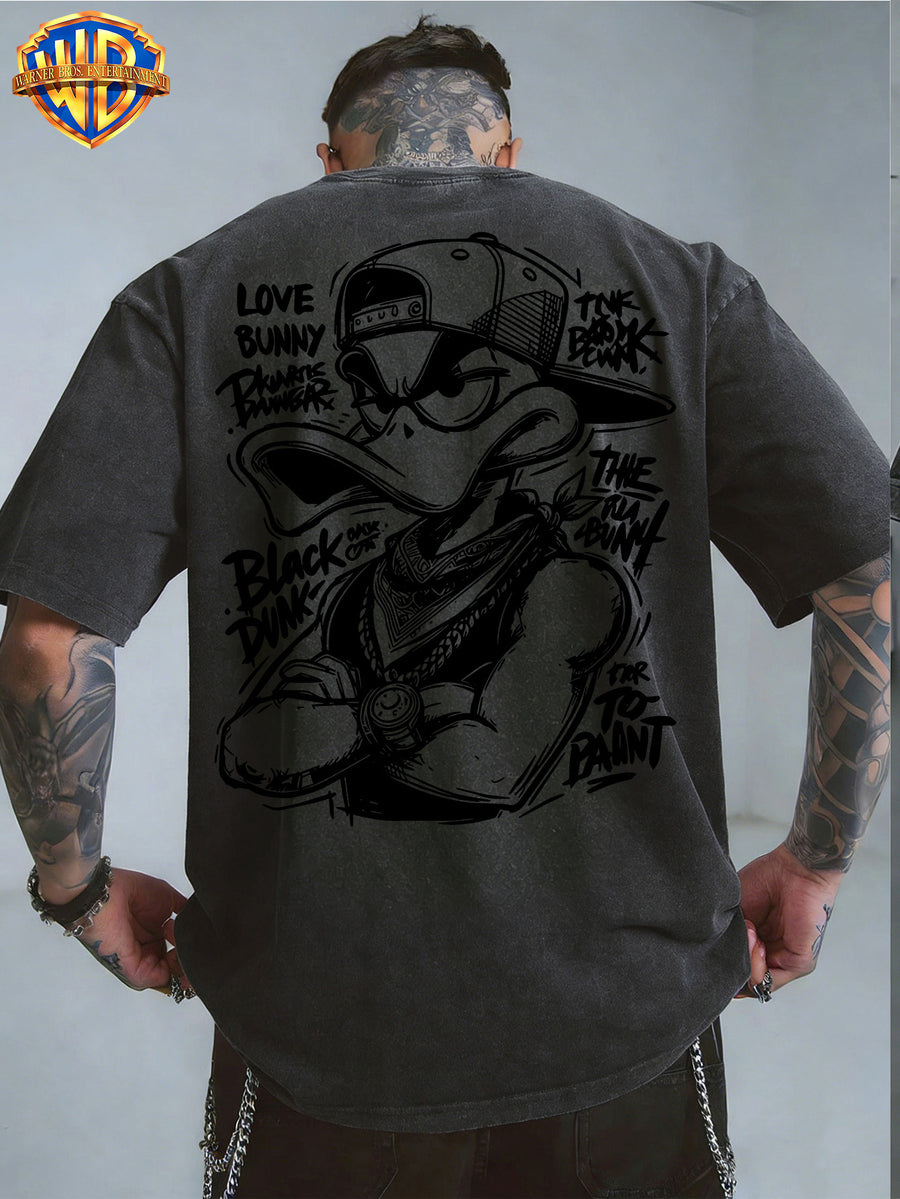 Warner Bros. Official License Hand-Drawn Sketch Print, Street Graffiti Style, American Retro Washed Distressed T-Shirt, Suitable for Daily Commute And Outdoor Wear, Machine Washable, Unisex - Black