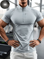 Men'S Muscular Fitness High-Elastic Training Quick-Dry Fitness Wear, Individual Print Patterns, Slim Fit Summer Casual Short Sleeve Shirt T-Shirt - Breathable Elastic Fabric, Stand-Up Collar Design with Open Chest Zipper - Light Blue