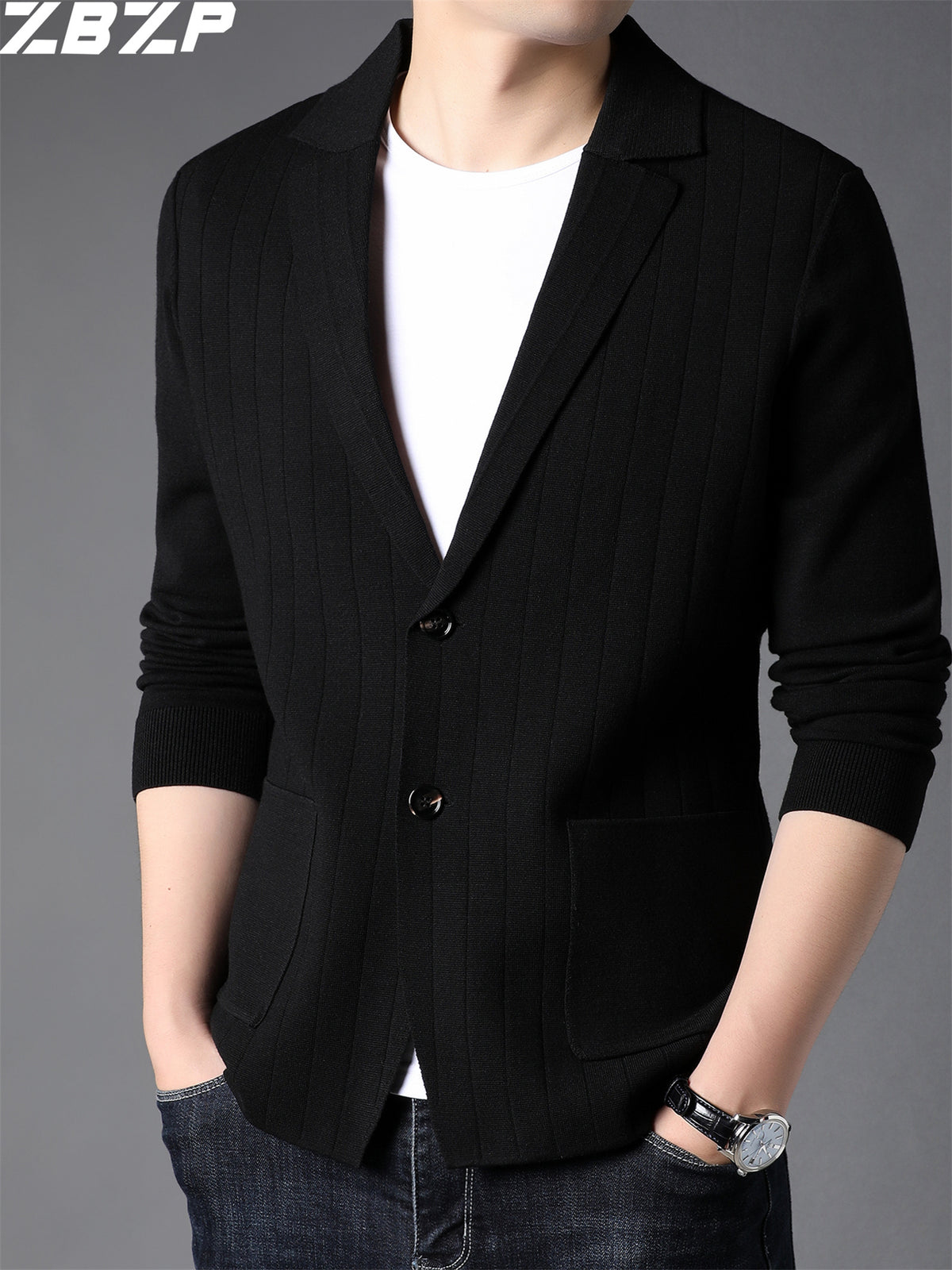 ZBZP Men's Knitted Cardigan, Spring/Autumn Men's Coat, Korean Style Trendy Solid Color Knit Sweater, Blazer Style Sweater, Chaoyang - Black