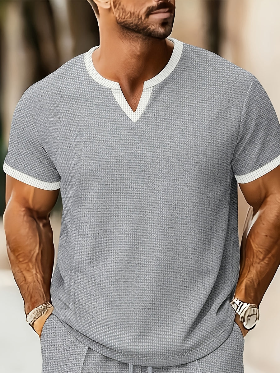 Men'S Solid Waffle Knit V-Neck Tee, Contrast Edge Short Sleeve Casual Daily T-Shirt - Grey