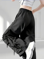 1039 Bow Tie Drawstring Quick-Dry Work Pants Women's Summer Thin American Casual Wide-Leg Parachute s Trousers - Black
