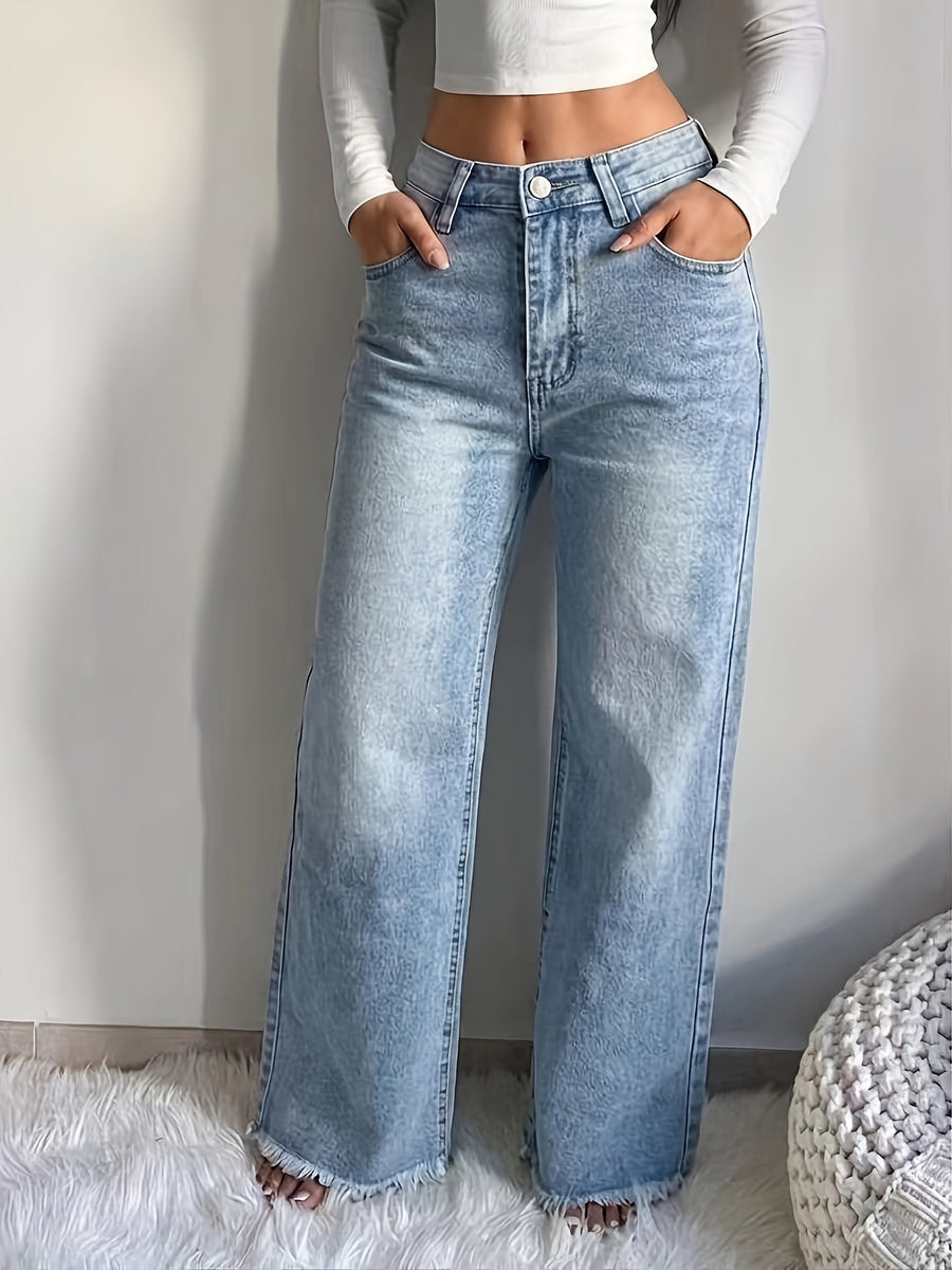 Retro Style Women'S Mid-Waist Frayed Tassel Wide-Leg Jeans, Stretch Washed Loose All-Match Denim Trousers - Light Blue