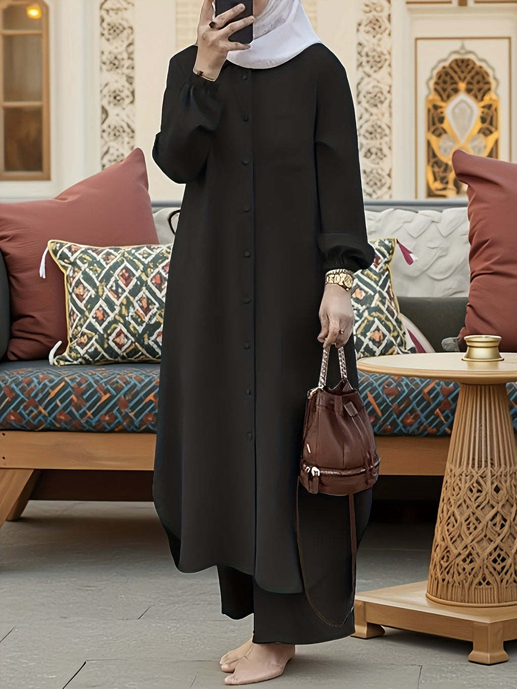 Eid | Elegant Front Button Autumn-Winter 2pcs Jilbab Set | Plain Front Button Abaya Women Modest + Loose Wide Leg Pants | Banquet, Date, Urban Commute - Black