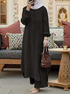 Eid | Elegant Front Button Autumn-Winter 2pcs Jilbab Set | Plain Front Button Abaya Women Modest + Loose Wide Leg Pants | Banquet, Date, Urban Commute - Black