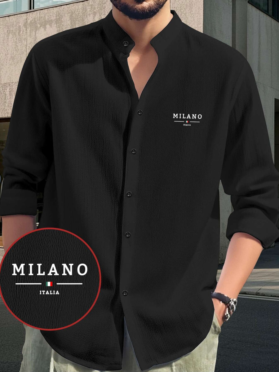 Men's Comfortable Long Sleeve Casual Shirt - Party Wear, Lightweight Breathable Stand Collar Button-Up Top, Versatile Apparel for Daily Wear, Events, and Outings, {Business Casual Style} MILANO Print Pattern, Fashionable Men's Clothing for Various - Black