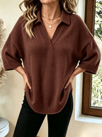 Plus Size, Women's Elegant Casual Cute Sexy Middle Eastern Style Spring Autumn Winter Solid Color V-Neck Batwing Sleeve Arc-Shaped Hem Slit Irregular Loose Soft Warm Shawl Cape Pullover Sweater Top - Coffee Color